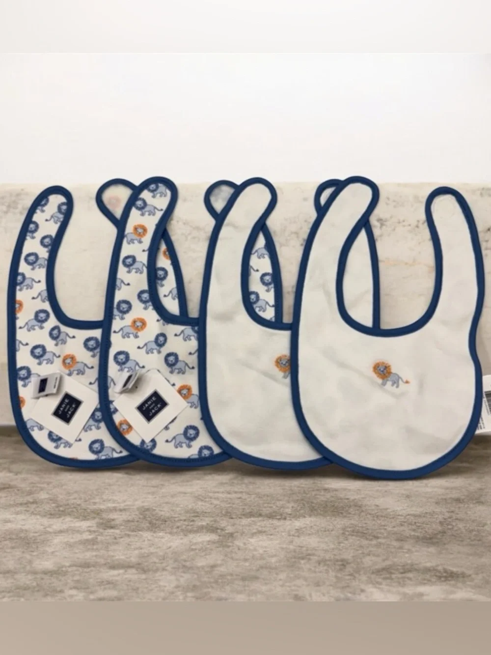 Janie and Jack Bibs Blue-Trim Double Sided Cotton Lion Print Baby Bibs - 4 Set
